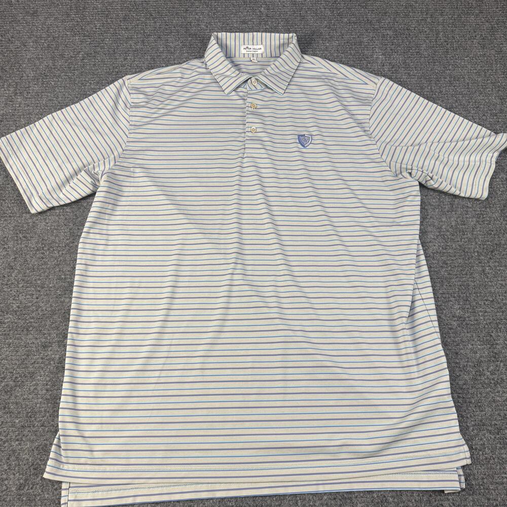 Peter Millar Polo Shirt Mens XL Light Gray Blue Stripe Summer Comfort Golf Crest